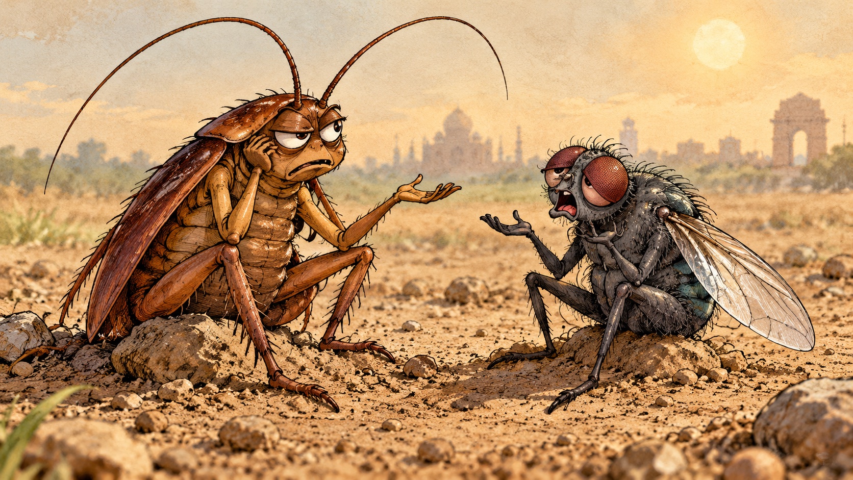 An editorial cartoon of a disgruntled brown cockroach and a housefly sitting on dusty soil, debating as an Indian skyline stands in the distance.